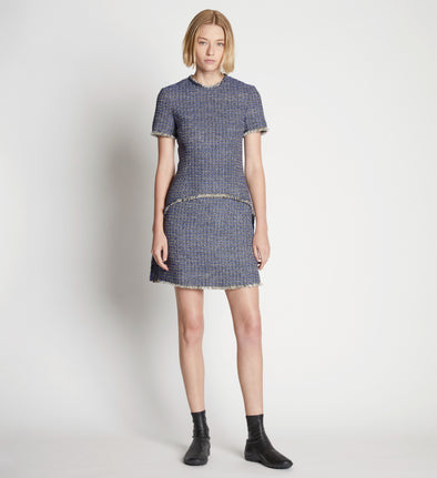 Front full length image of model wearing Tweed Mini Dress in BLUE MULTI