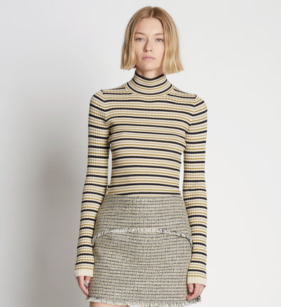 Front cropped image of model wearing Stripe Knit Turtleneck in CREAM MULTI