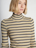 Detail image of model wearing Stripe Knit Turtleneck in CREAM MULTI