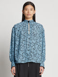 Front cropped image of model wearing Printed Crepe De Chine Top in BLUE MULTI