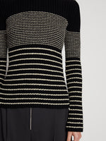 Detail image of model wearing Boucle Mini Stripe Sweater in BLACK MULTI