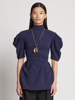 Front cropped image of model wearing Matte Viscose Crepe Belted Top in NAVY