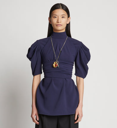 Front cropped image of model wearing Matte Viscose Crepe Belted Top in NAVY