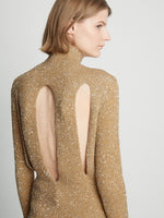 Detail image of model wearing Sequin Knit Sweater in PALE YELLOW