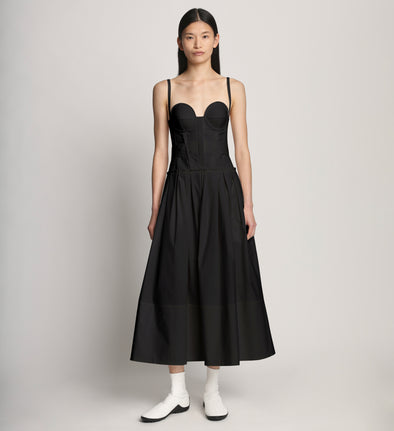 Front full length image of model wearing Poplin Bustier Dress in BLACK