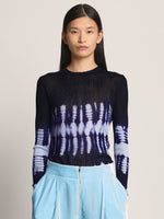 Front cropped image of model wearing Viscose Knit Tie Dye Top in BLUE MULTI