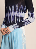 Detail image of model wearing Viscose Knit Tie Dye Top in BLUE MULTI