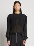 Front cropped image of model wearing Sheer Pleated Flou Top in BLACK