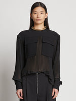 Front cropped image of model wearing Sheer Pleated Flou Top in BLACK