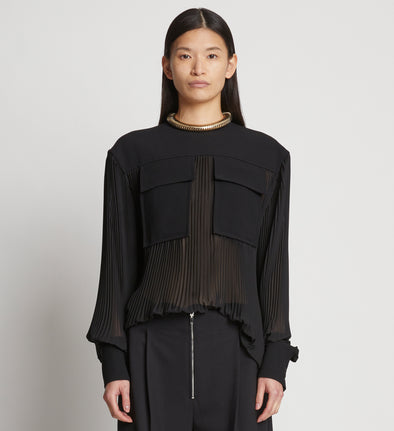 Front cropped image of model wearing Sheer Pleated Flou Top in BLACK