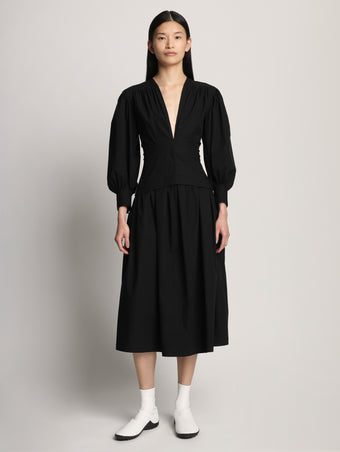 Front full length image of model wearing Poplin V-Neck Dress in BLACK