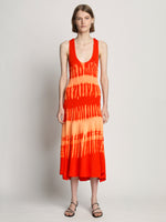 Front full length image of model wearing Viscose Knit Tie Dye Dress in ORANGE MULTI