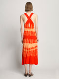 Back full length image of model wearing Viscose Knit Tie Dye Dress in ORANGE MULTI