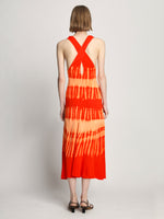 Back full length image of model wearing Viscose Knit Tie Dye Dress in ORANGE MULTI