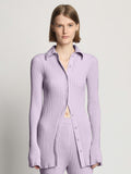 Front cropped image of model wearing Velvet Rib Knit Shirt in LIGHT LAVENDER