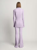 Back full length image of model wearing Velvet Rib Knit Shirt in LIGHT LAVENDER