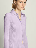 Detail image of model wearing Velvet Rib Knit Shirt in LIGHT LAVENDER