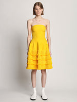 Front full length image of model wearing Textured Fringe Knit Sculpted Dress in LEMON