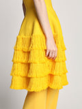 Detail image of model wearing Textured Fringe Knit Sculpted Dress in LEMON