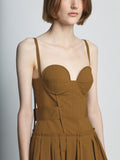 Detail image of model wearing Poplin Bustier Dress in TOBACCO