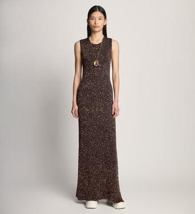 Front full length image of model wearing Sequin Knit Dress in DARK BROWN