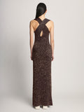 Back full length image of model wearing Sequin Knit Dress in DARK BROWN