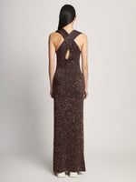 Back full length image of model wearing Sequin Knit Dress in DARK BROWN