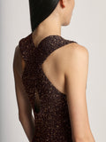 Detail image of model wearing Sequin Knit Dress in DARK BROWN