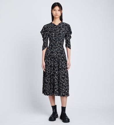 Front image of model wearing Printed Crepe De Chine Dress in black/white multi