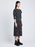 Side image of model wearing Printed Crepe De Chine Dress in black/white multi