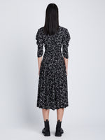 Back image of model wearing Printed Crepe De Chine Dress in black/white multi