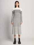 Front image of model wearing Boucle Mini Stripe Knit Dress in off white multi