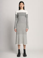 Front image of model wearing Boucle Mini Stripe Knit Dress in off white multi