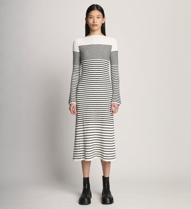 Front image of model wearing Boucle Mini Stripe Knit Dress in off white multi