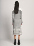 Back image of model wearing Boucle Mini Stripe Knit Dress in off white multi