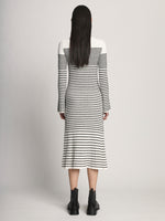 Back image of model wearing Boucle Mini Stripe Knit Dress in off white multi