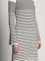 Detail image of model wearing Boucle Mini Stripe Knit Dress in off white multi