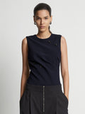 Cropped front image of model wearing Matte Viscose Crepe Spiral Top in navy