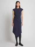 Front image of model wearing Matte Viscose Crepe Spiral Dress in navy