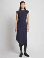 Front image of model wearing Matte Viscose Crepe Spiral Dress in navy