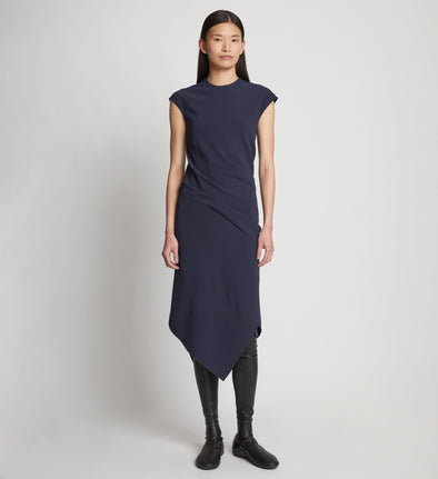 Front image of model wearing Matte Viscose Crepe Spiral Dress in navy