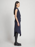 Side image of model wearing Matte Viscose Crepe Spiral Dress in navy