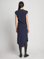 Back image of model wearing Matte Viscose Crepe Spiral Dress in navy