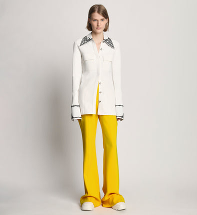 Front image of model wearing Bi-Stretch Crepe Pants in lemon