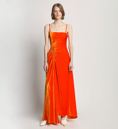 Front full length image of model wearing Silk Viscose Velvet Gathered Dress in ORANGE