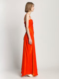 Side full length image of model wearing Silk Viscose Velvet Gathered Dress in ORANGE