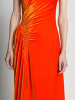 Detail image of model wearing Silk Viscose Velvet Gathered Dress in ORANGE