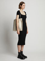 Image of model wearing Twin Stripe Canvas Tote in NATURAL/BLACK