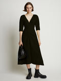 Front image of model wearing Poplin V-Neck Puff Sleeve Dress in black