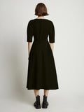 Back image of model wearing Poplin V-Neck Puff Sleeve Dress in black